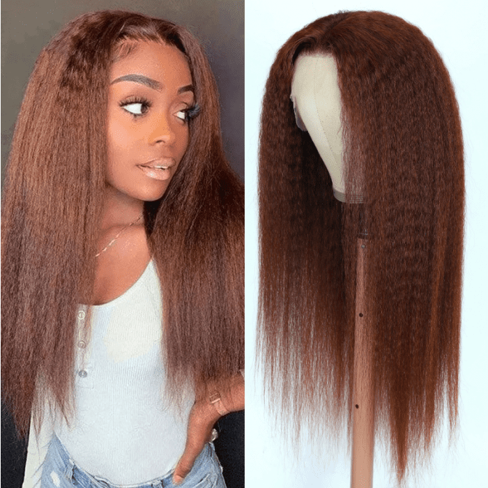 Yaki Hair Reddish Brown Color Wig 13x4 Lace Front Wig 100% Human Hair Wig