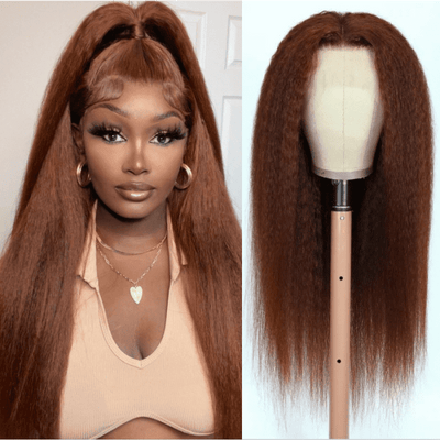 Yaki Hair Reddish Brown Color Wig 13x4 Lace Front Wig 100% Human Hair Wig