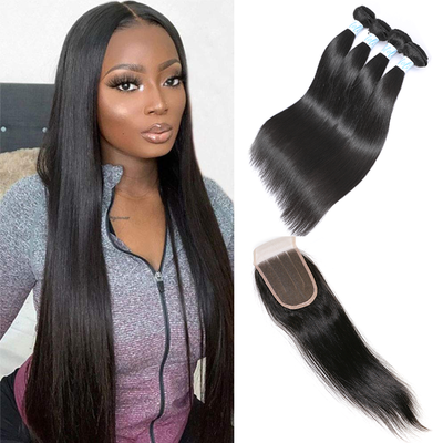 Indian Straight Hair 4 Bundles with Lace Closure