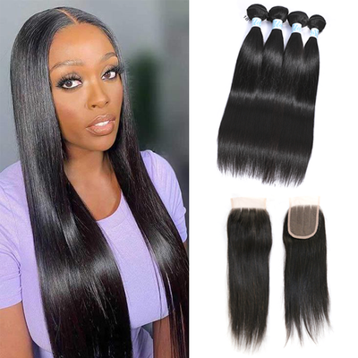 Indian Straight Hair 4 Bundles with Lace Closure