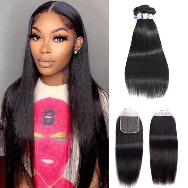 Virgin Brazilian Straight Hair 3 Bundles with 4x4 Lace Closure - Idoli Hair