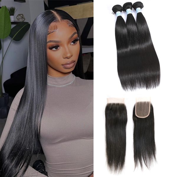 Virgin Indian Straight Hair 3 Bundles with 4x4 Lace Closure