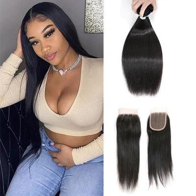 Virgin Indian Straight Hair 3 Bundles with 4x4 Lace Closure