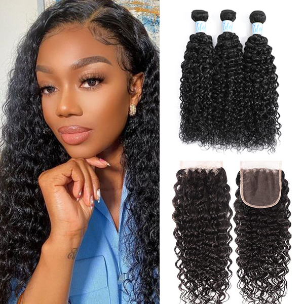 Idoli Indian Water Wave Hair 3 Bundles with Closure