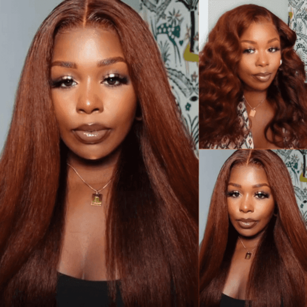 Yaki Hair Reddish Brown Color Wig 13x4 Lace Front Wig 100% Human Hair Wig