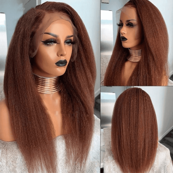 Yaki Hair Reddish Brown Color Wig 13x4 Lace Front Wig 100% Human Hair Wig